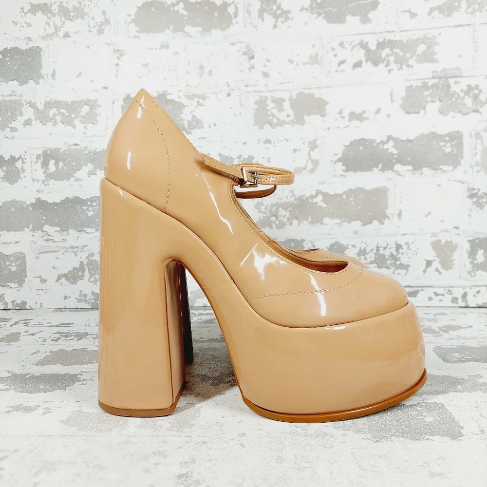 New Schutz Zayne New Pressego Tan Patent Leather Platform Mary Jane Pumps D1048